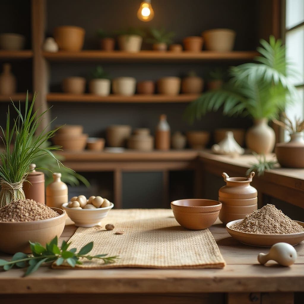 AI-beeld van een warme natuurlijke productsetting met aardewerk en planten