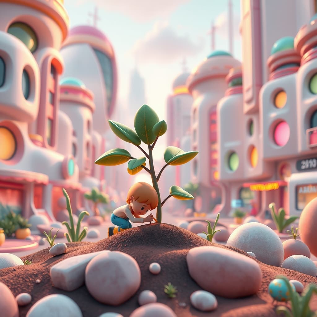 Een gedetailleerde 3D wereld vol creatieve elementen.