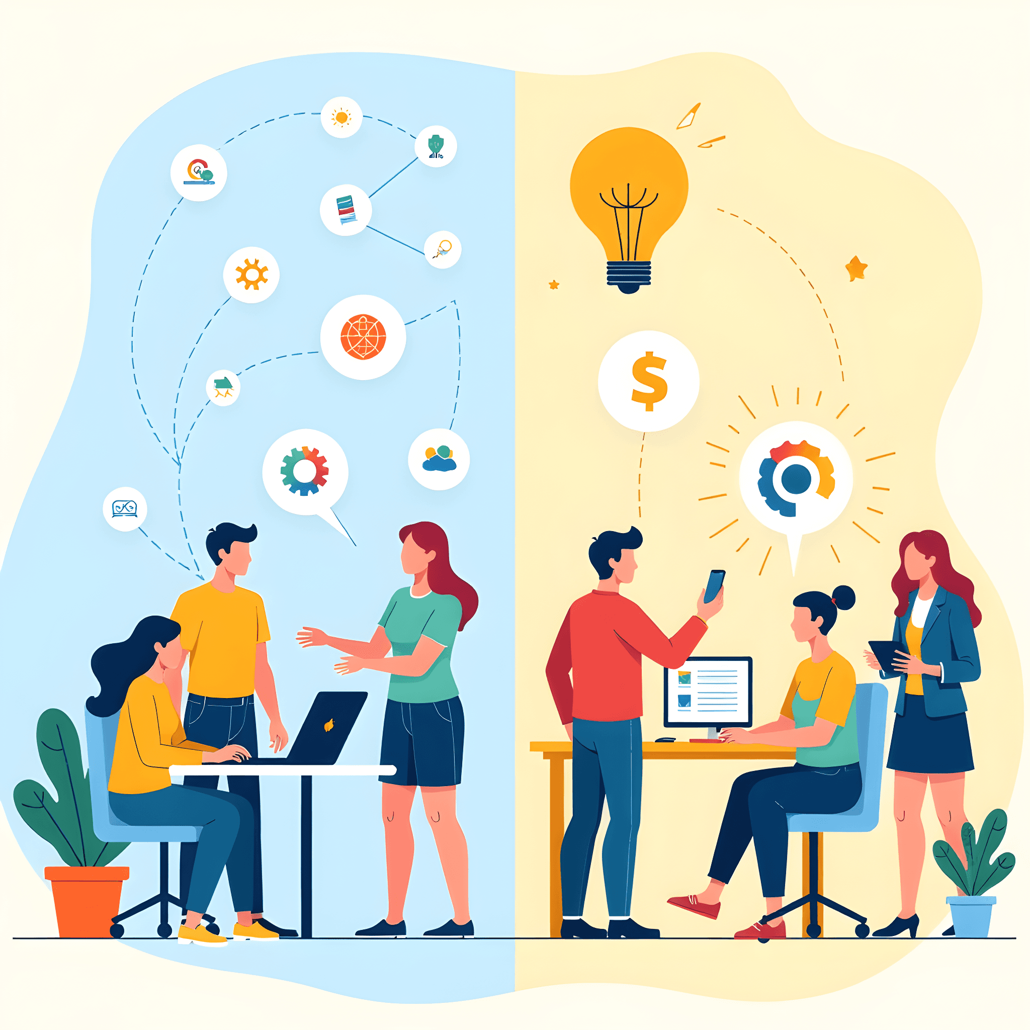 Een visuele transformatie van AI stockfoto's naar AI Visual Branding, getoond door een split-screen afbeelding met links generieke AI beelden en rechts consistente merkbeelden