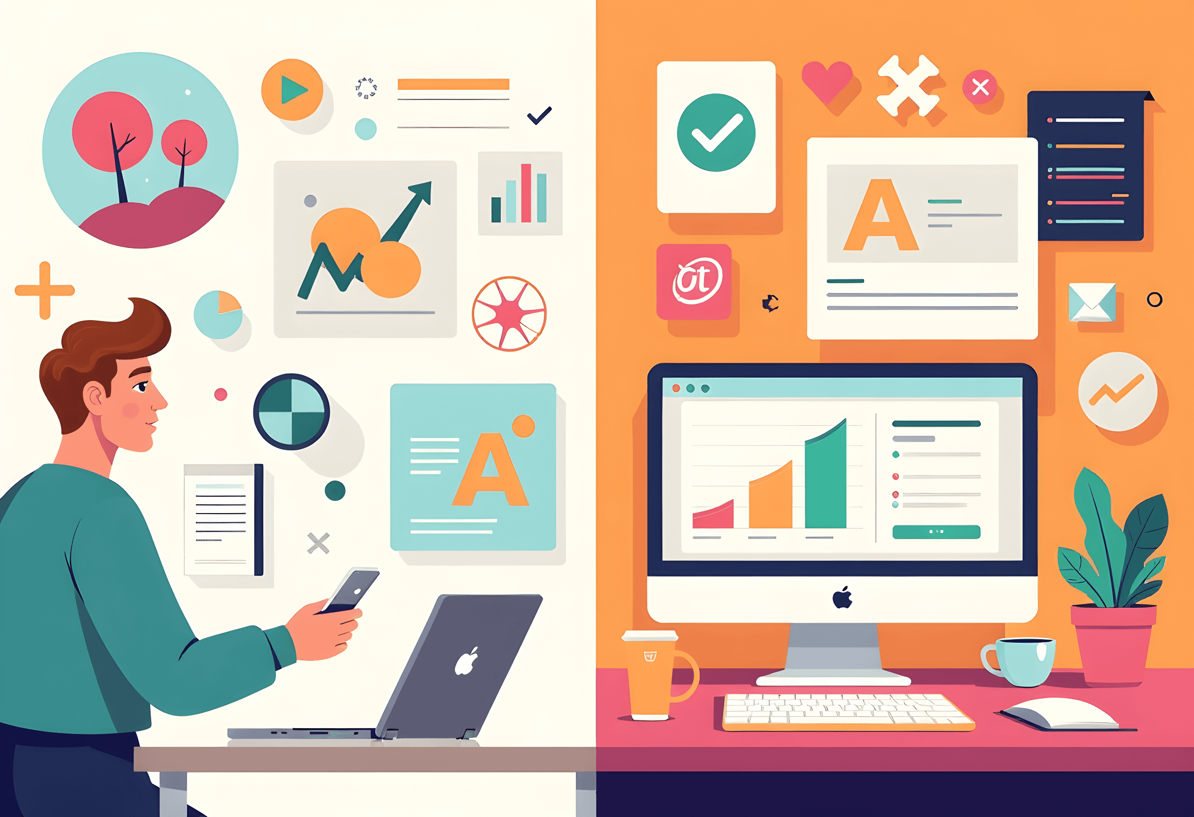 Een visuele transformatie van AI stockfoto's naar AI Visual Branding, getoond door een split-screen afbeelding met links generieke AI beelden en rechts consistente merkbeelden