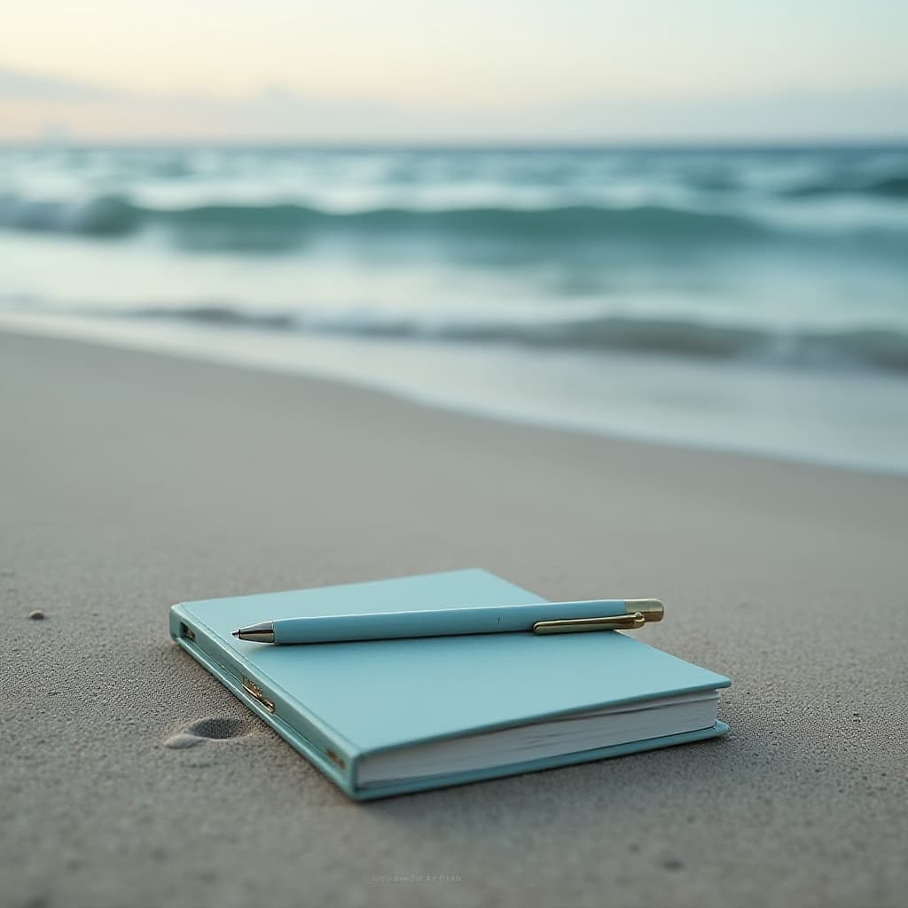 Coastal Minimal: Minimalistische foto van een notitieboek en pen op het strand met een zee op de achtergrond.