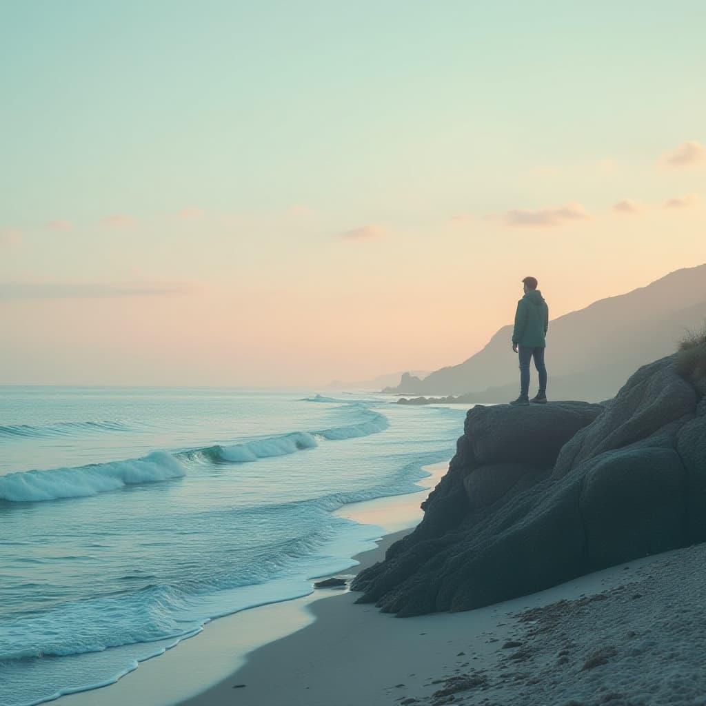 Coastal Minimal: Serene foto van een persoon op een rots die uitkijkt over de zee in pastel tinten.