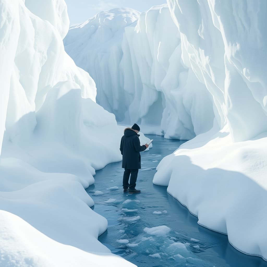 Een man staat tussen ijs schotsen gemaakt met de Kristal en IJs stijl van AI Visual Branding