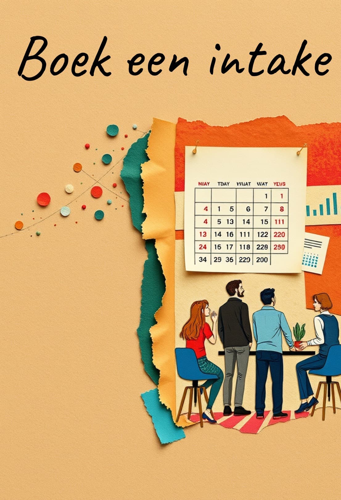 Illustratieve LinkedIn advertentie met een planbord vol post-its, een team rond een tafel en de tekst 'Boek een intake'.