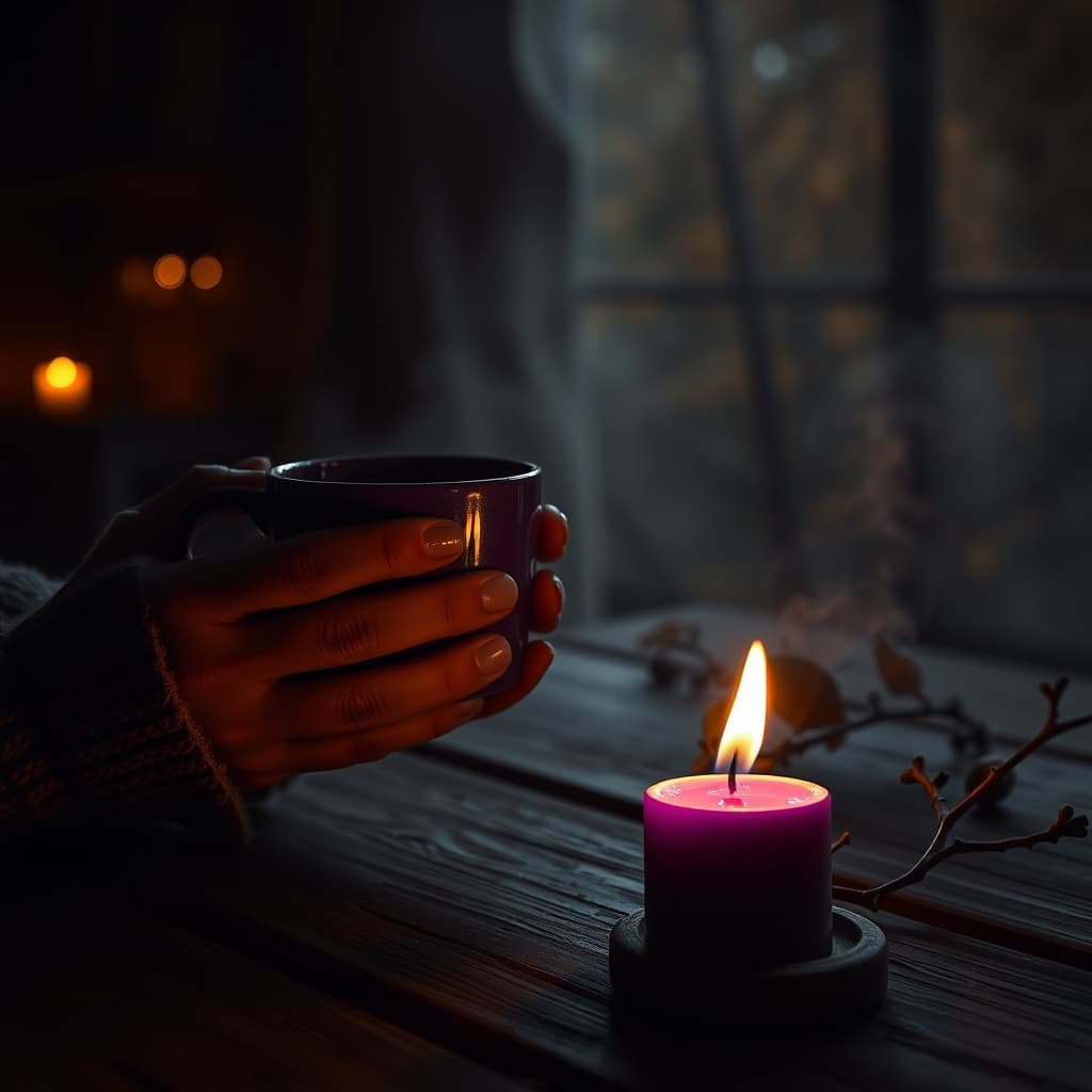 Warme herfsthanden rond een kaars met subtiele Halloween elementen