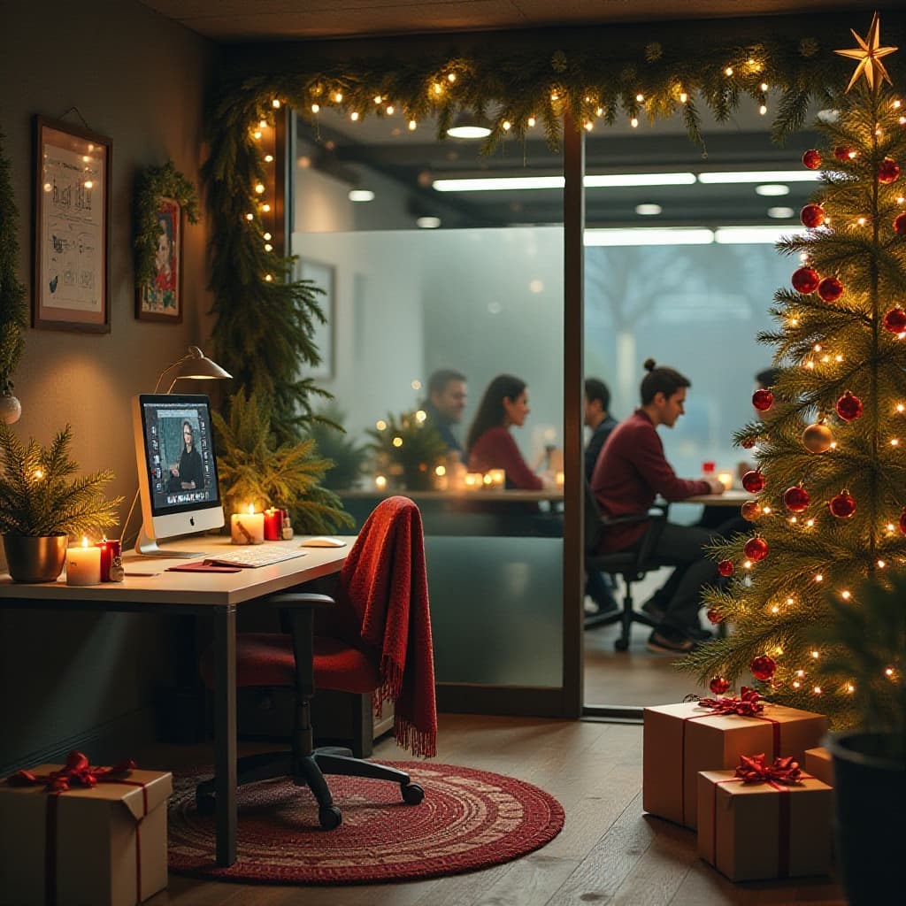 Creatieve werkplek met kerstgroen, kaarslicht en warme herfsttinten