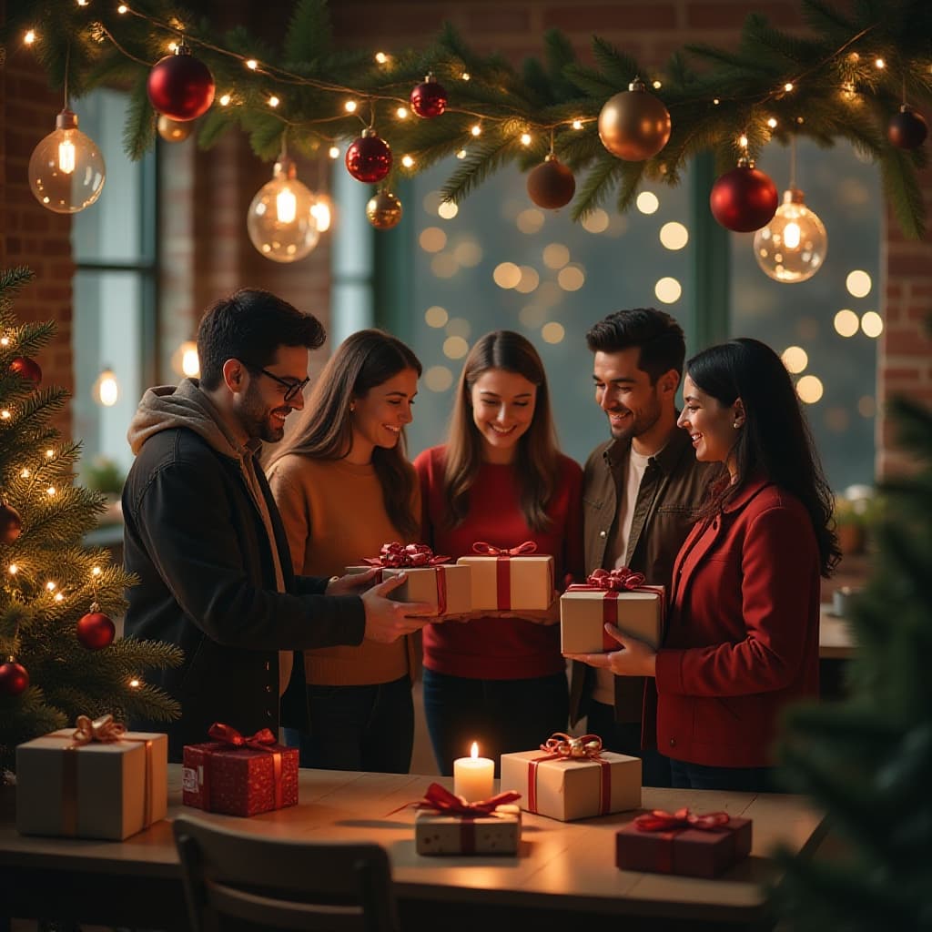 Bureau met gezellige winterdecor, slingers en knusse verlichting