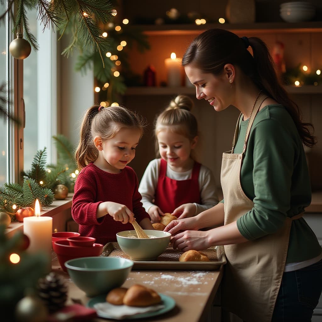 Kinderen die kerstgebak maken in een keuken vol seizoenssfeer