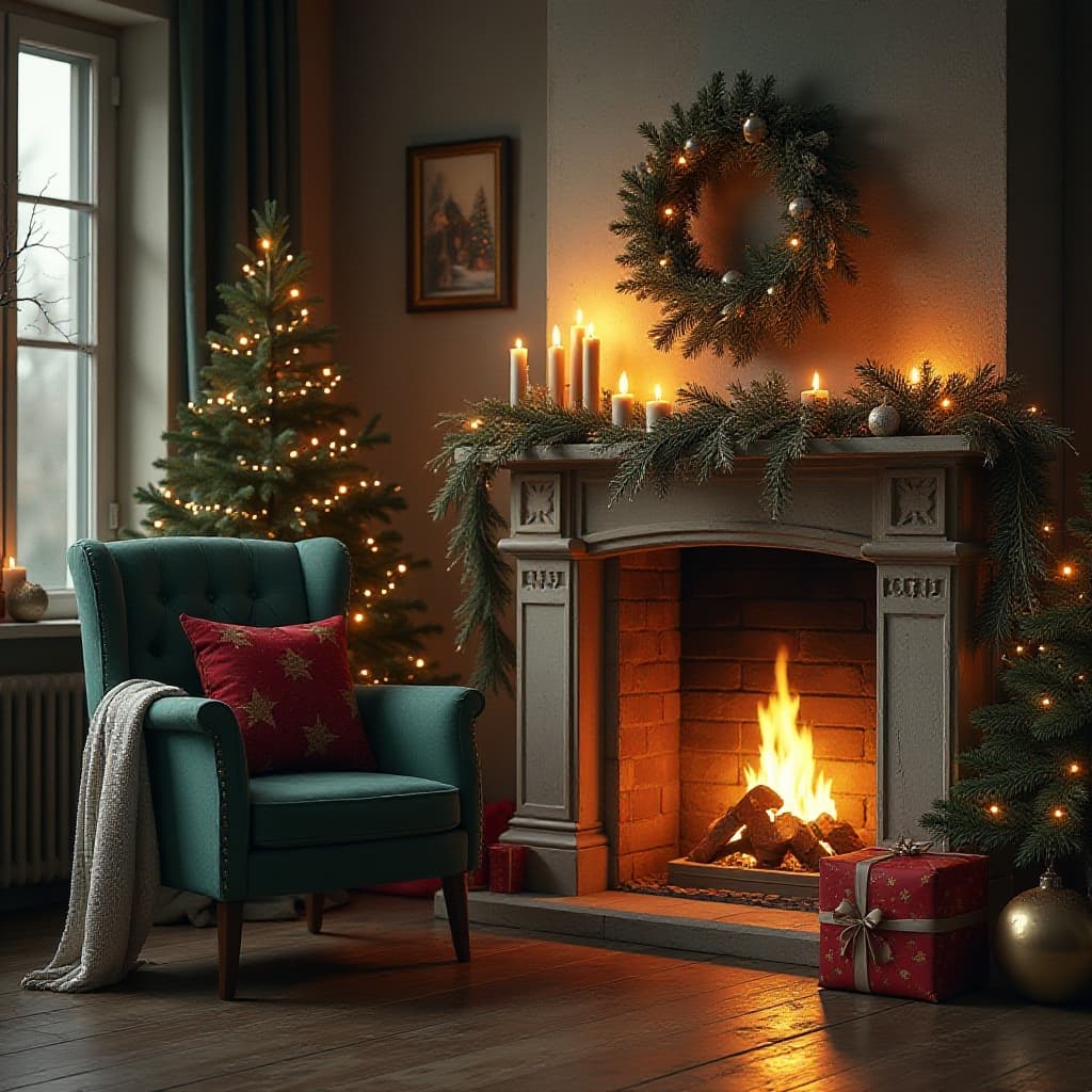 Haardvuur met cadeaus en twinkelende lichtjes klaar voor de feestdagen