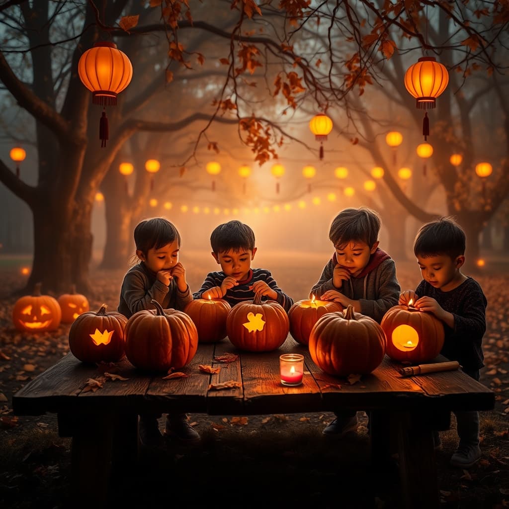 Kinderen die pompoenen uithollen bij kaarslicht in een feestelijke setting