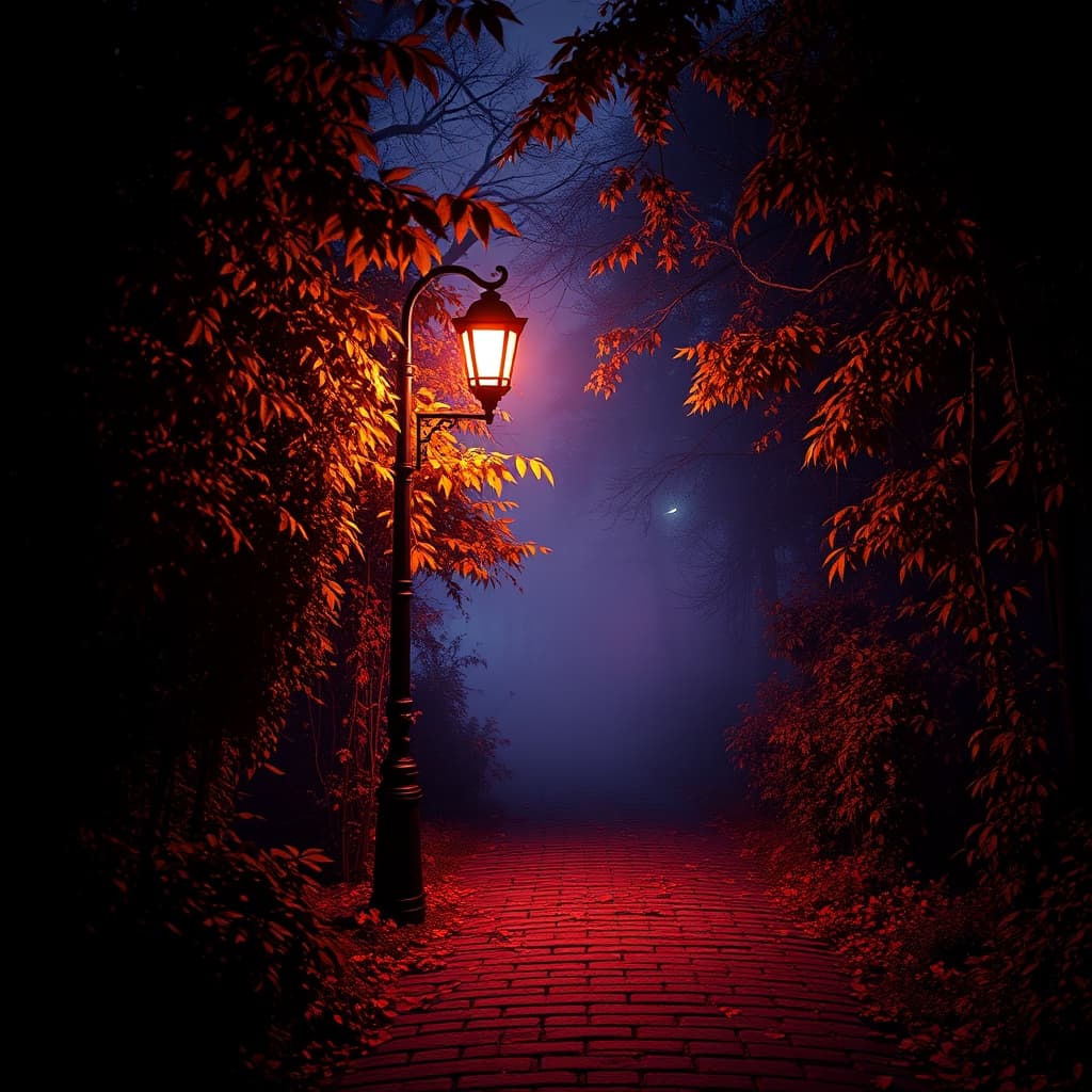 Magische straatlantaarns langs een herfstpad met violet avondlicht