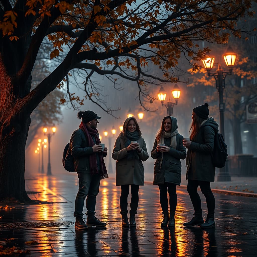 Vrienden met paraplu's in een regenachtige herfstavond vol lichtjes