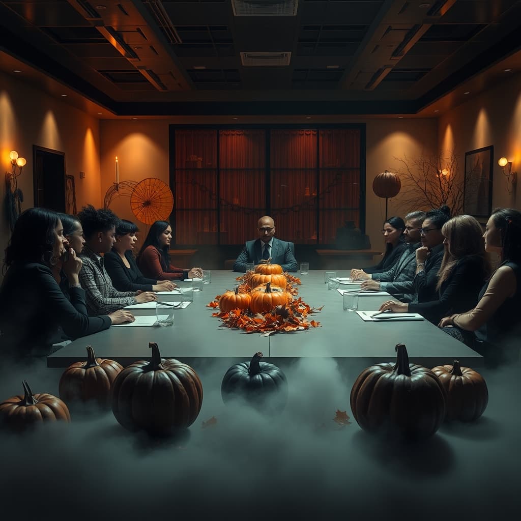 Herfst Feestdagen stijl: een creatief kantoor met Halloween decor en warme verlichting