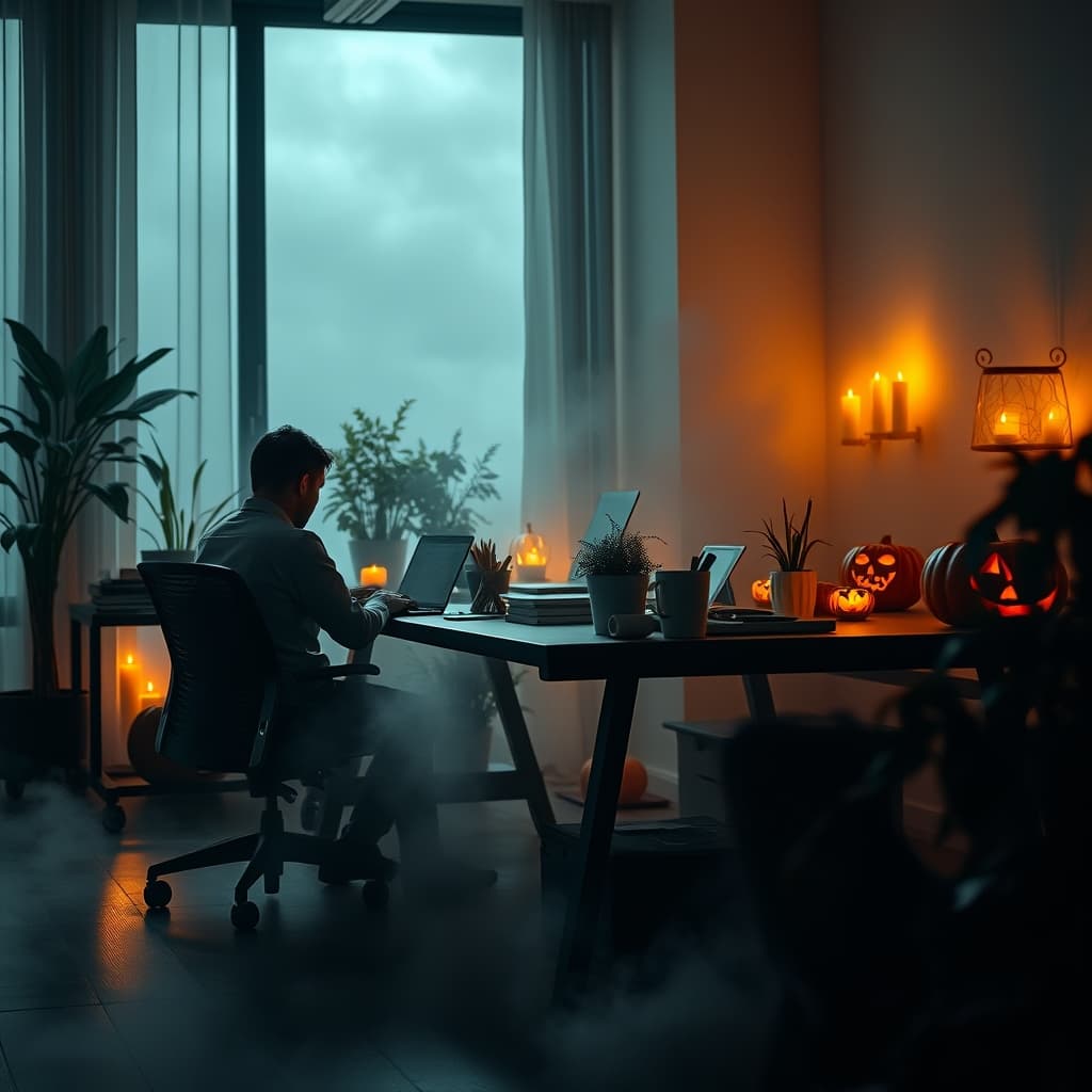 Solo werker tussen Halloween decor, klaar voor een kerstige upgrade