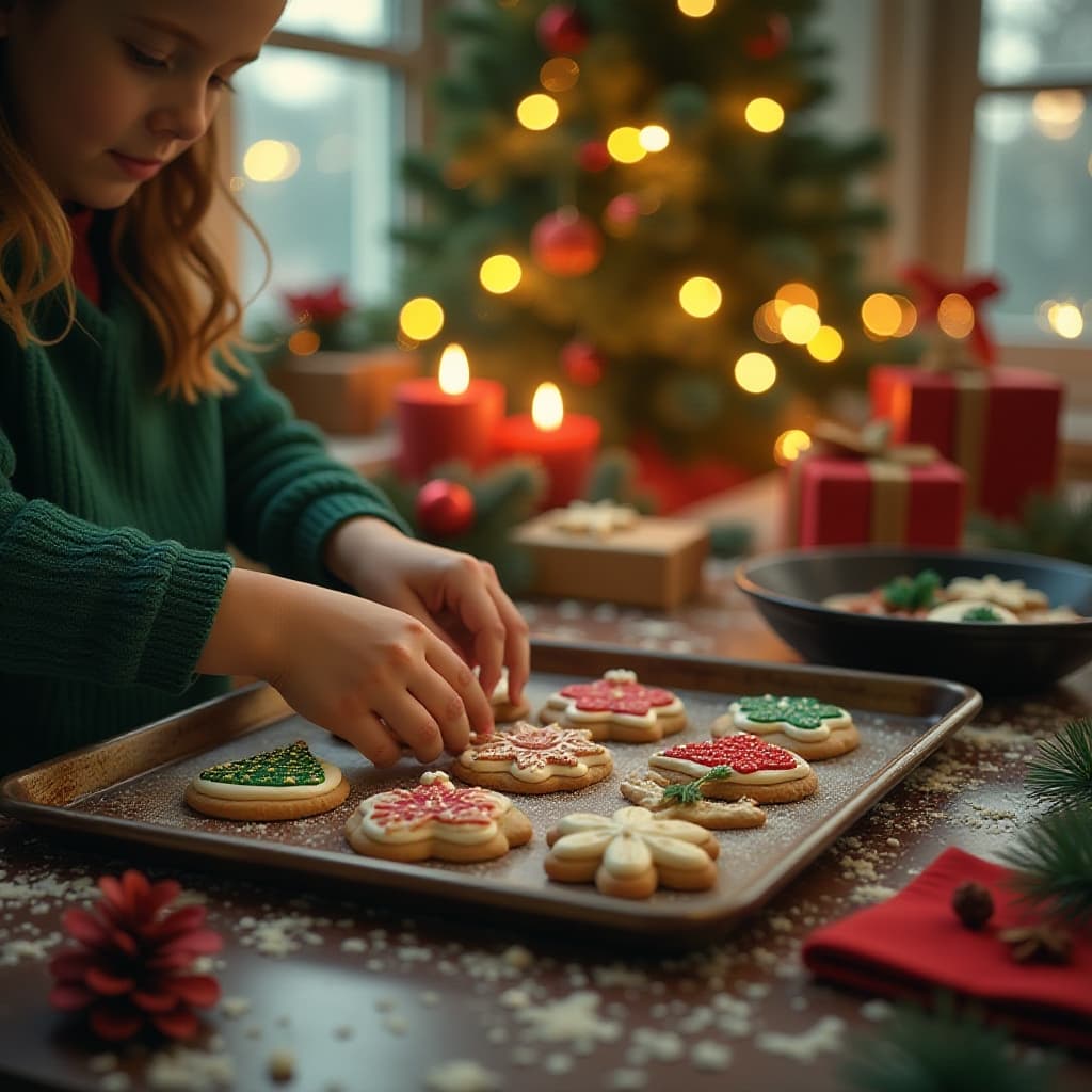 Handen die kerstkoekjes versieren op een warme herfstaande tafel