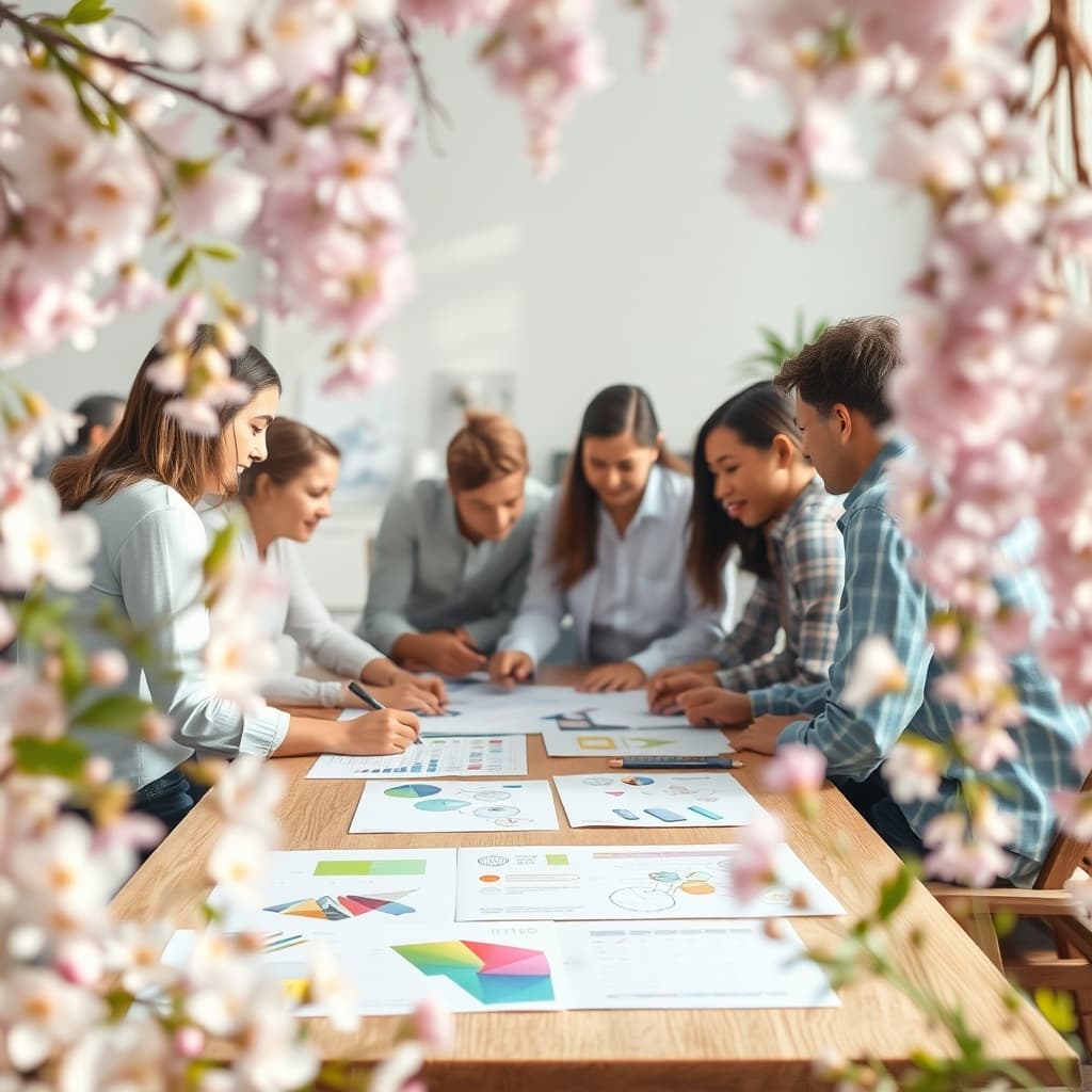 Gemaakt met Lente stijl Bloemen kader 2025, Een groep mensen rond een tafel met schetsen en design documenten op de tafel met een bloemenkrans rondom de foto