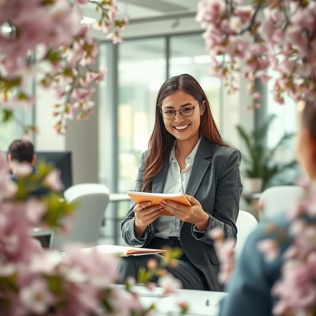 Gemaakt met Lente stijl Bloemen kader 2025, Een young professional in een kantoor met een notitieboekje in haar handen met een bloemenkrans rondom de foto