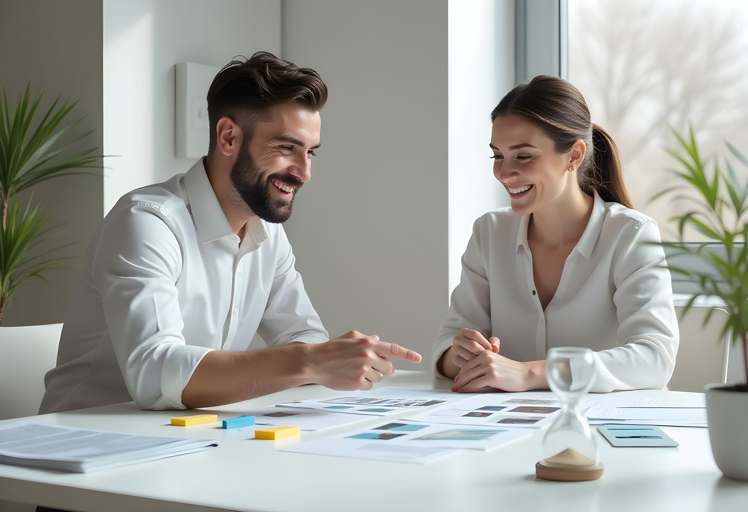 Een afbeelding van een vrouw en een man die aan het werk zijn AI Visual Branding beelden maken