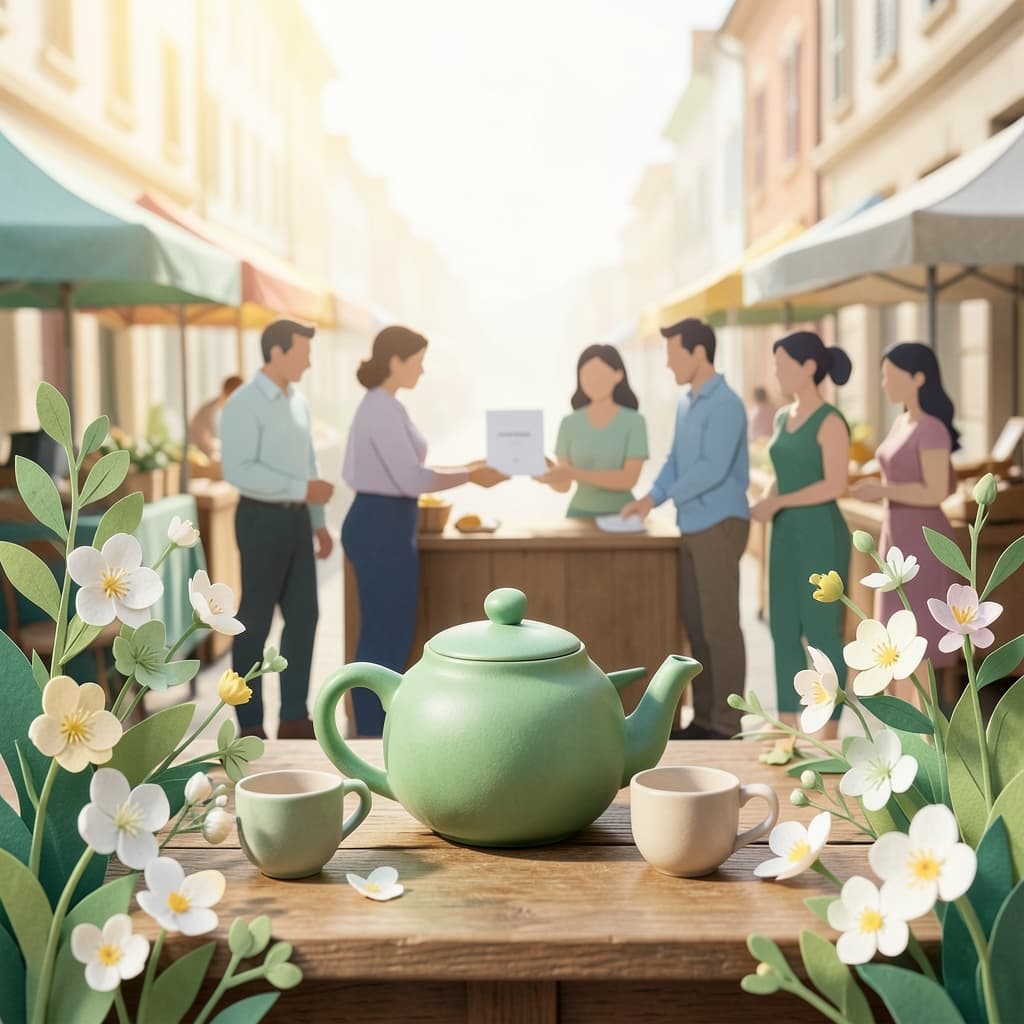 Hemelvaart visual met theepot, tafelscène en mensen op de achtergrond in een lichte lentecompositie voor weekendcommunicatie.