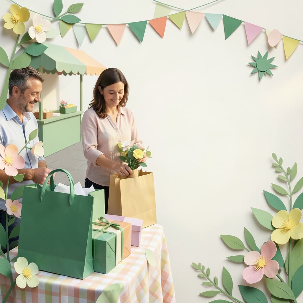 Lokale mei-actie visual met ondernemer, groene shopping bags, marktsfeer en bloemenkader in zachte lentetinten.