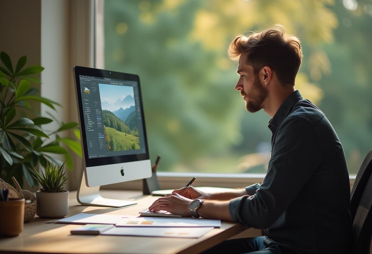 Een man werkt op zijn computer en ziet de voordelen van AI beelden