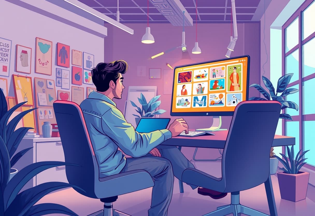 Man die snelle AI content creatie maakt in digitale kunst stijl