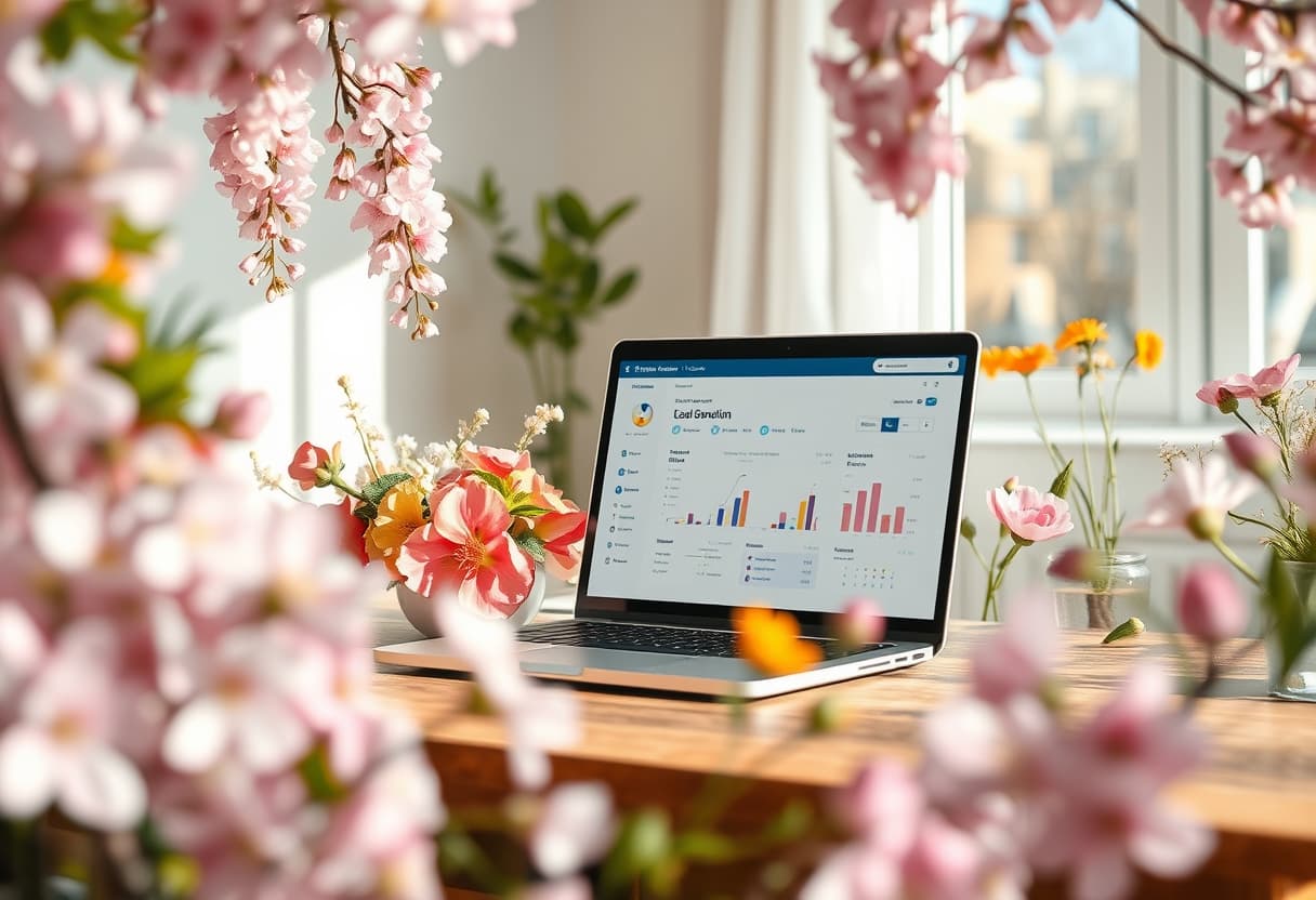 Gemaakt met Lente stijl Bloemen kader 2025, Een laptop op een bureau met een bloemenkrans rondom de foto