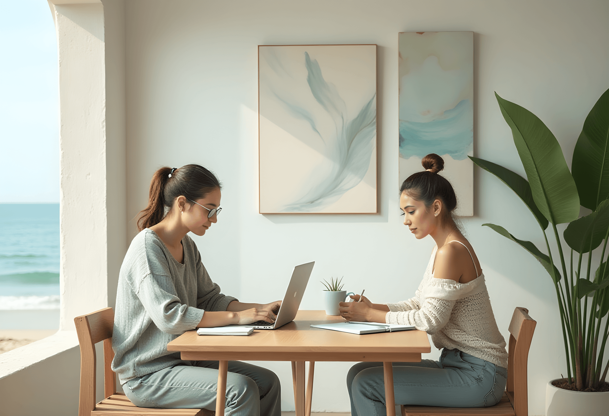 Twee personen aan het werk aan een tafel met een laptop. Links in beeld een raam met een zee op de achtergrond.