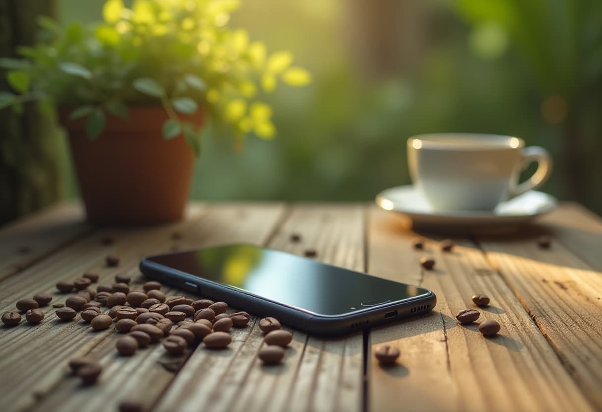 AI beeld van een telefoon die op tafel light omringd met koffiebonen, een kop koffie en een plantje
