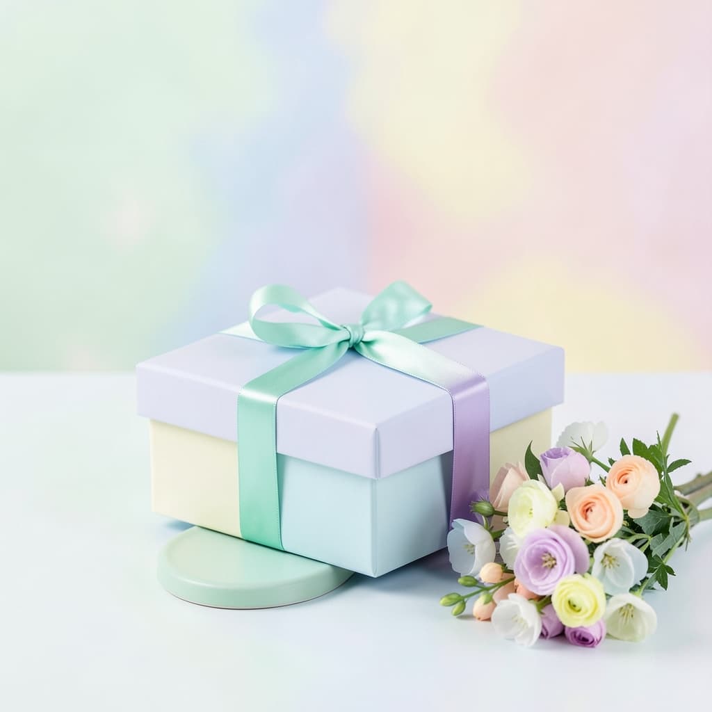 Moederdag visual met een pastel cadeau, bloemen en lint tegen een zachte voorjaarsachtergrond zonder mensen.