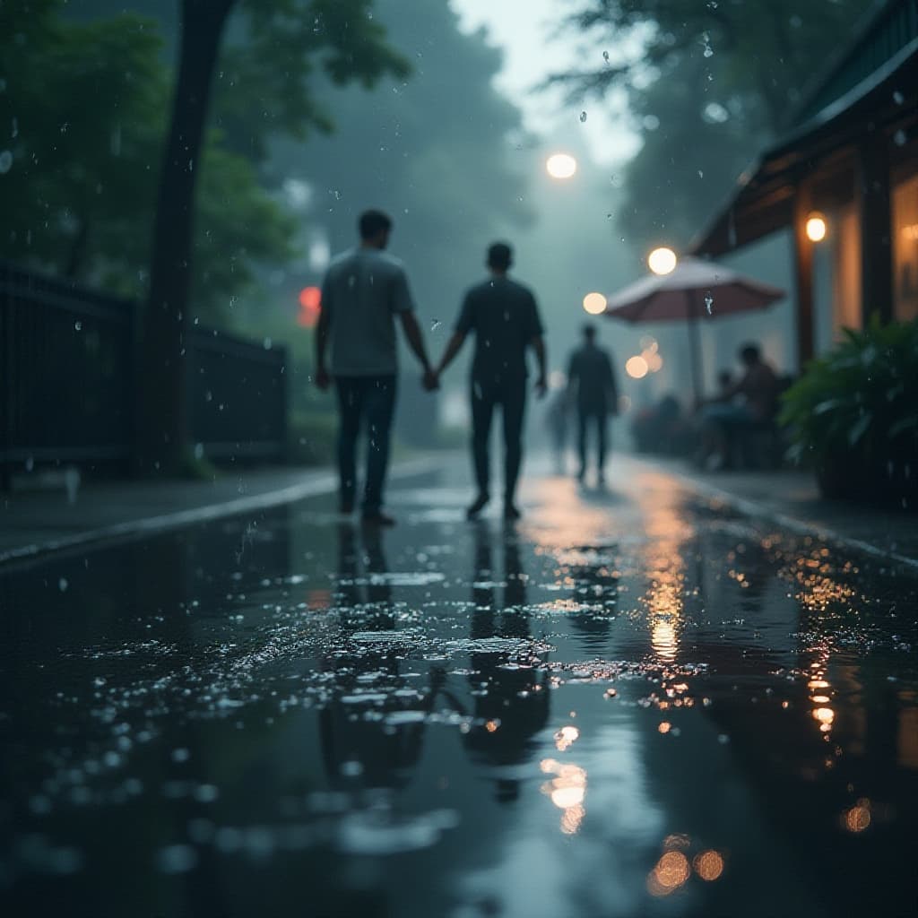 Herfst Nat en Donker stijl: een regenachtig bospad met glinsterende bladeren