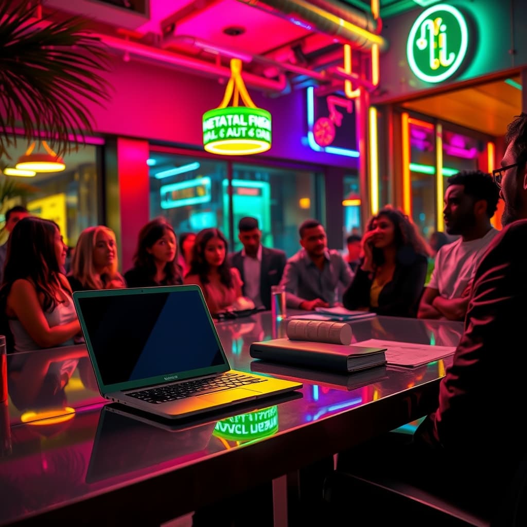 Neon Tropics: Tropische cocktailbar met neonverlichting, een laptop staat op de bar en er ligt een boek naast de laptop.
