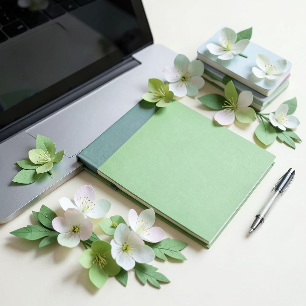 Gemaakt met Lente stijl Papieren Bloei 2025, een merkpresentatie met gelaagde papieren bloemen en voorjaarsvormen.