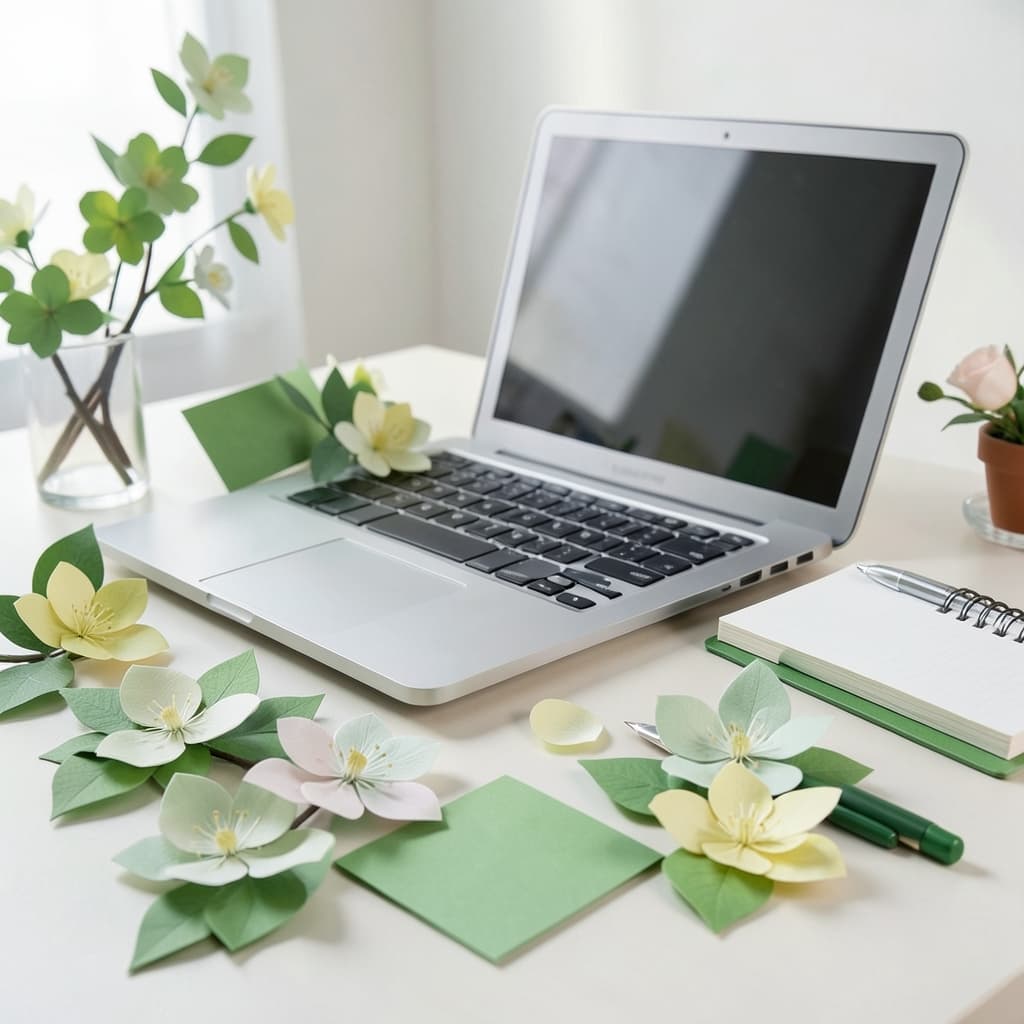 Papieren bloei compositie met product- en bureaudetails