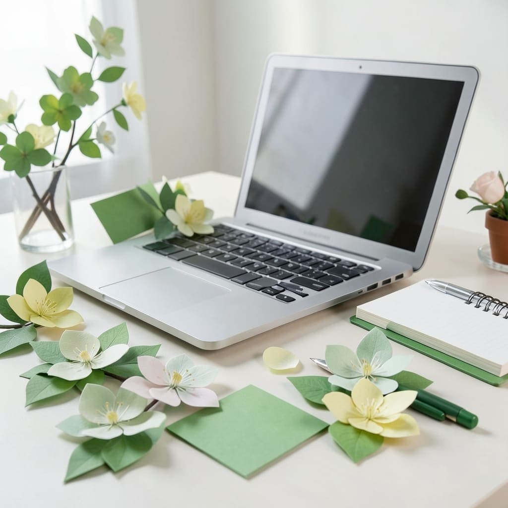 Gemaakt met Lente stijl Papieren Bloei 2025, beauty tools en bureau-objecten in een paper-art lente compositie.