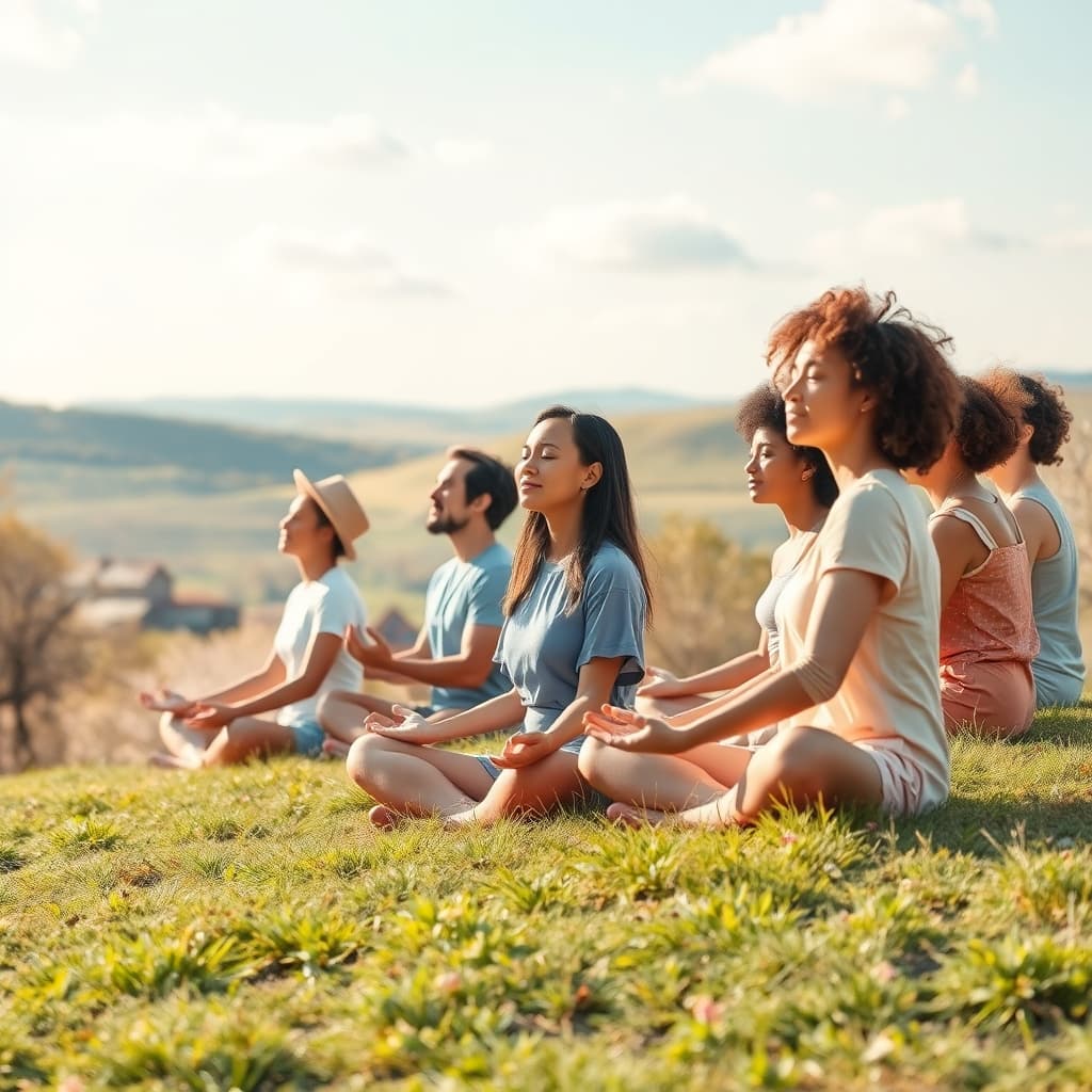 Gemaakt met Lente stijl Pastel 2025, Een groep mensen aan het mediteren op een heuvel met een pastel kleuren palet
