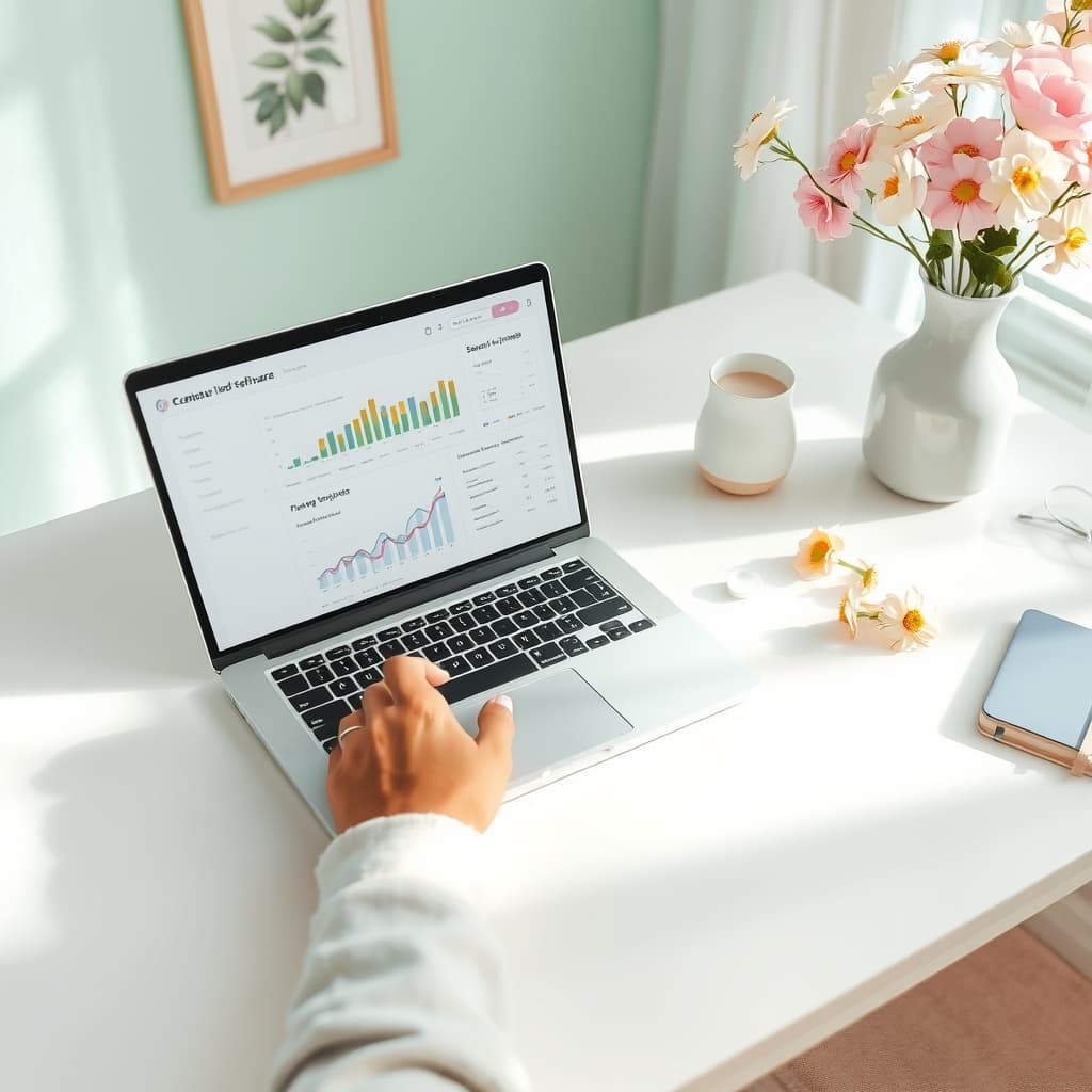 Gemaakt met Lente stijl Pastel 2025, Een laptop op een bureau met een pastel kleuren palet