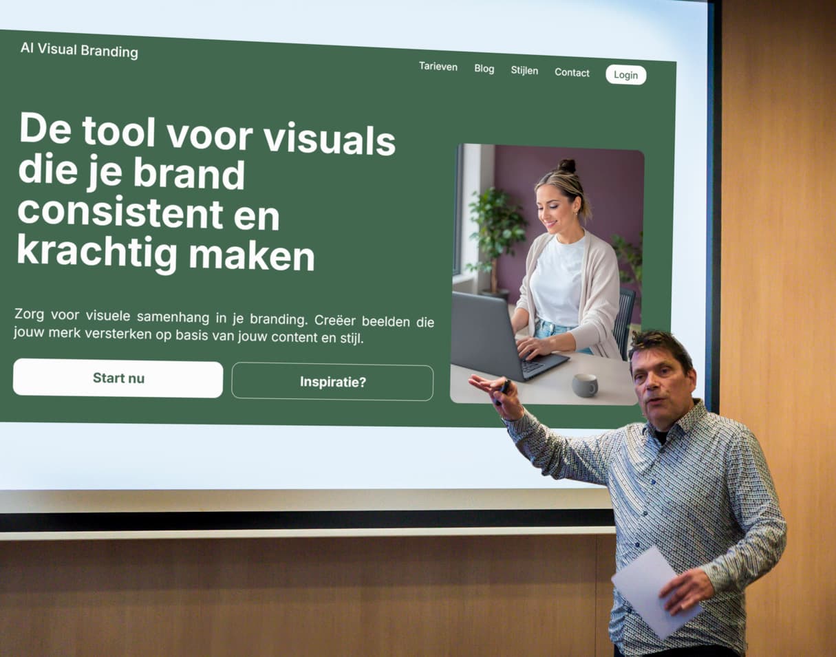 Een foto van Francis Frionnet de oprichter van AI Visual Branding die een presentatie geeft over de app met AI generated visuals