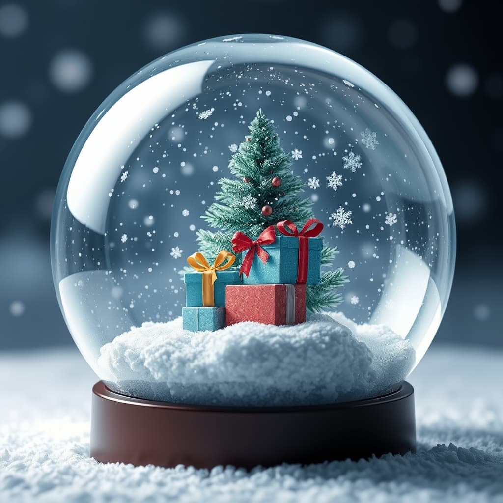Een sneeuwbol met een kerstboom en cadeautjes, gemaakt met de Sneeuwbol stijl van AI Visual Branding