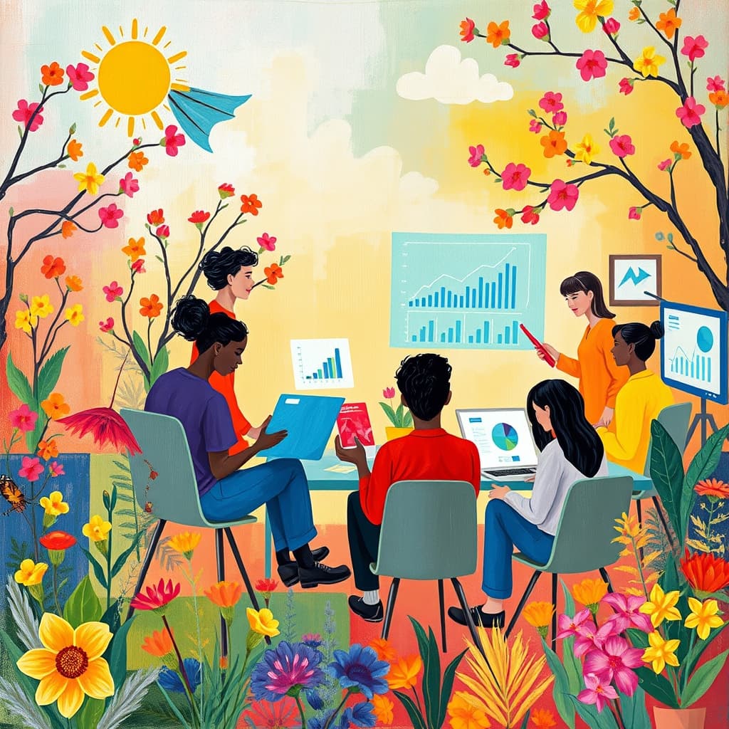 Gemaakt met Lente stijl, Kleurrijk 2025, een kleurrijke tekening met het gevoel van lente, waarin mensen bezig zijn met een meeting.