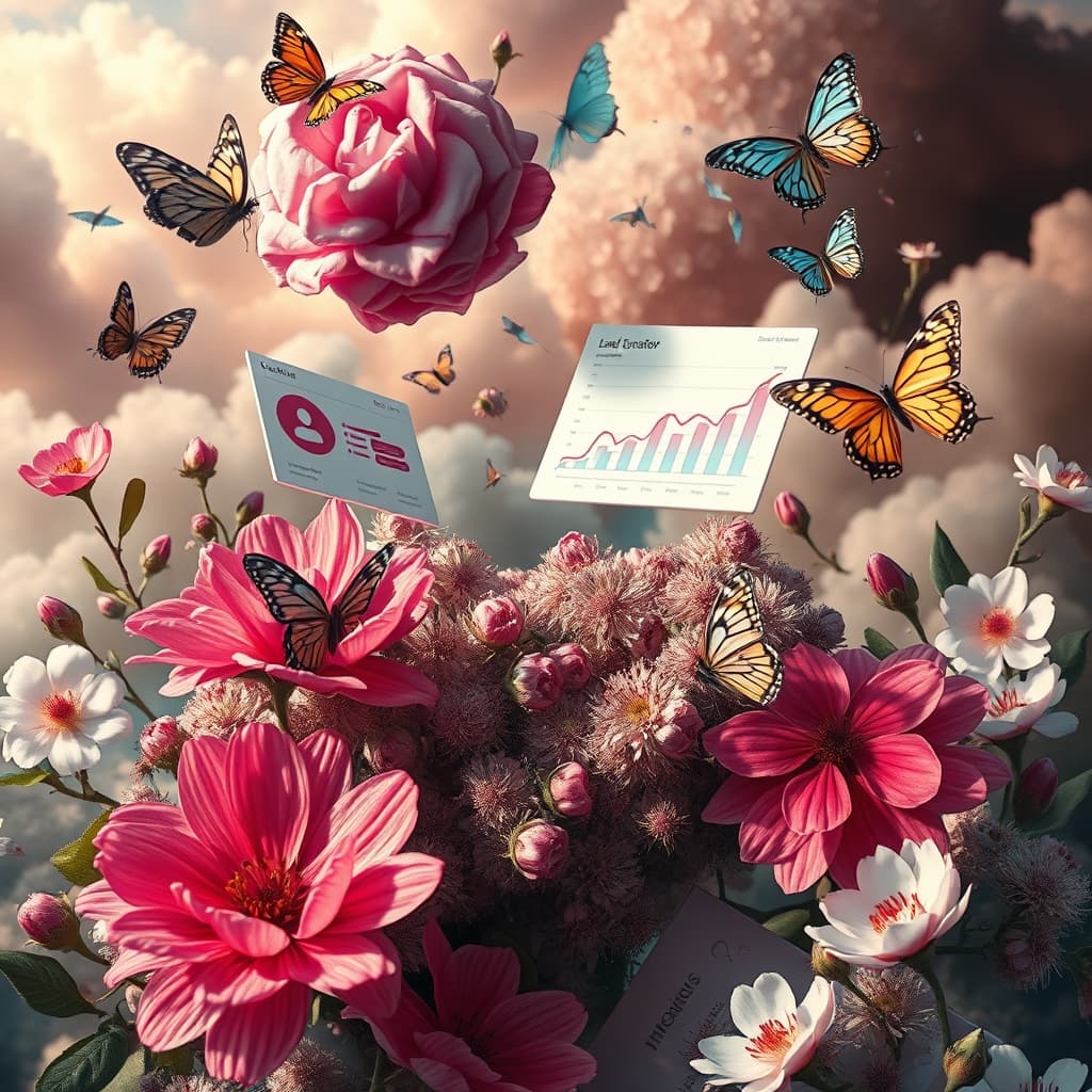 Gemaakt met Lente stijl - Surrealisme 2025, een surrealistische tekening met het gevoel van lente, grote bloemen, vlinders en spreadsheets tussen roze wolken.