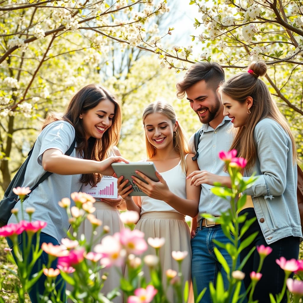 Gemaakt met Lente stijl Spring Levend 2025, Vier personen in gesprek met een tablet in een zonnige lente omgeving.