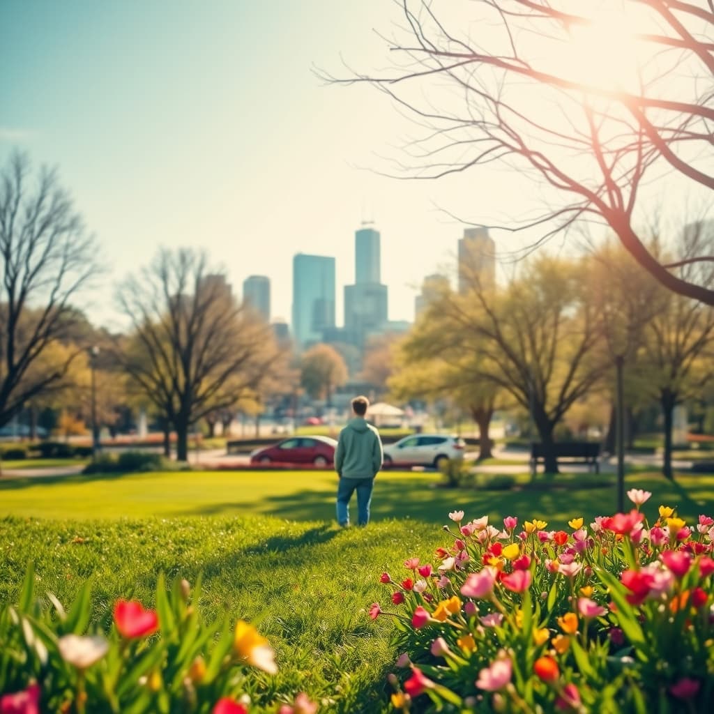 Gemaakt met Lente stijl Spring Levend 2025, een man loop van de camera weg, in een park met een skyline in de verte. Zonnige lichten en een bloeiende tuin op de voorgrond.