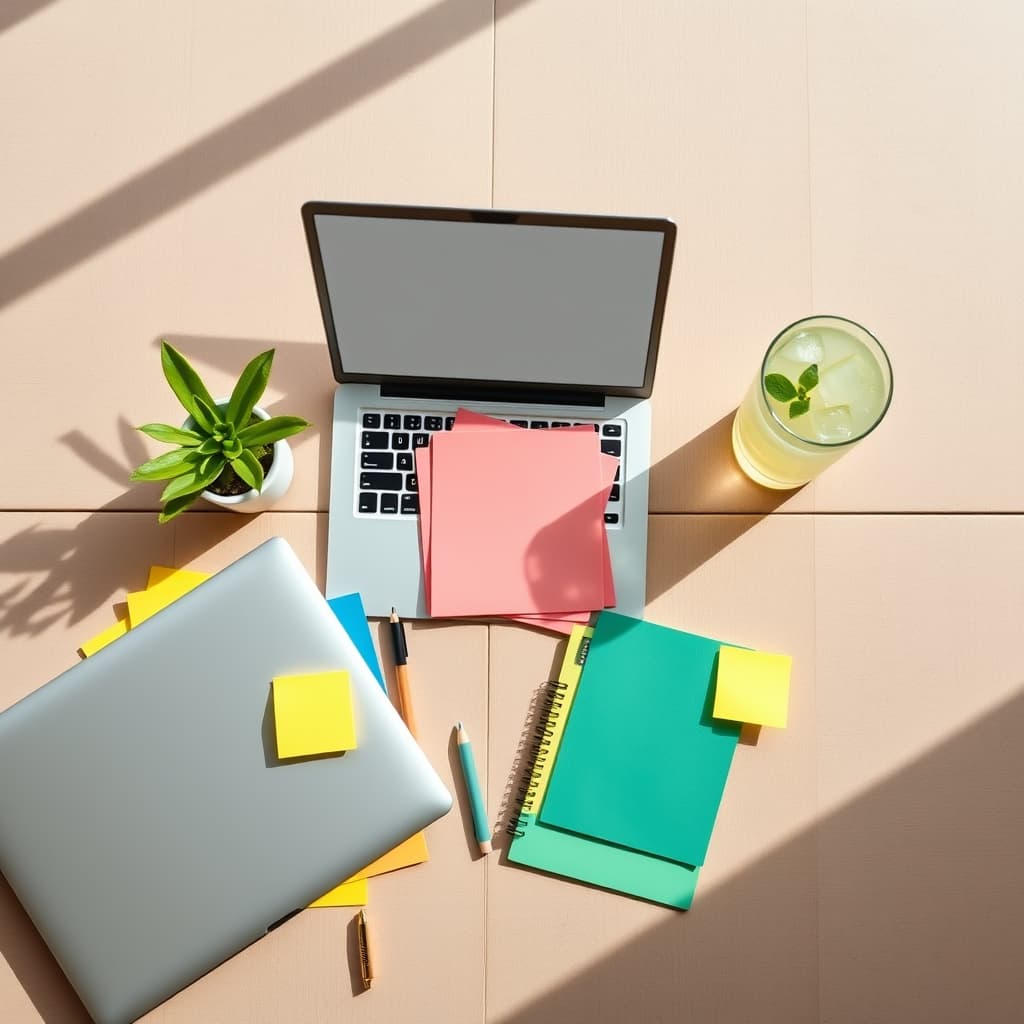 Flatlay zomer: Bovenaanzicht van een laptop met lange schaduwen. Op tafel liggen papieren, sticky notes en een drankje.