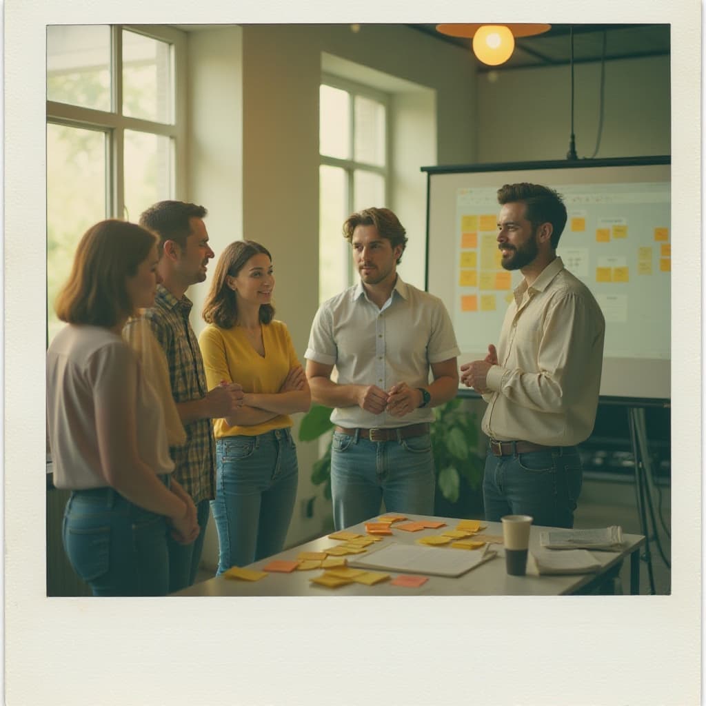 Summer Storybook: Een nostalgische polaroid foto van een groep mensen die staan te overleggen op kantoor.