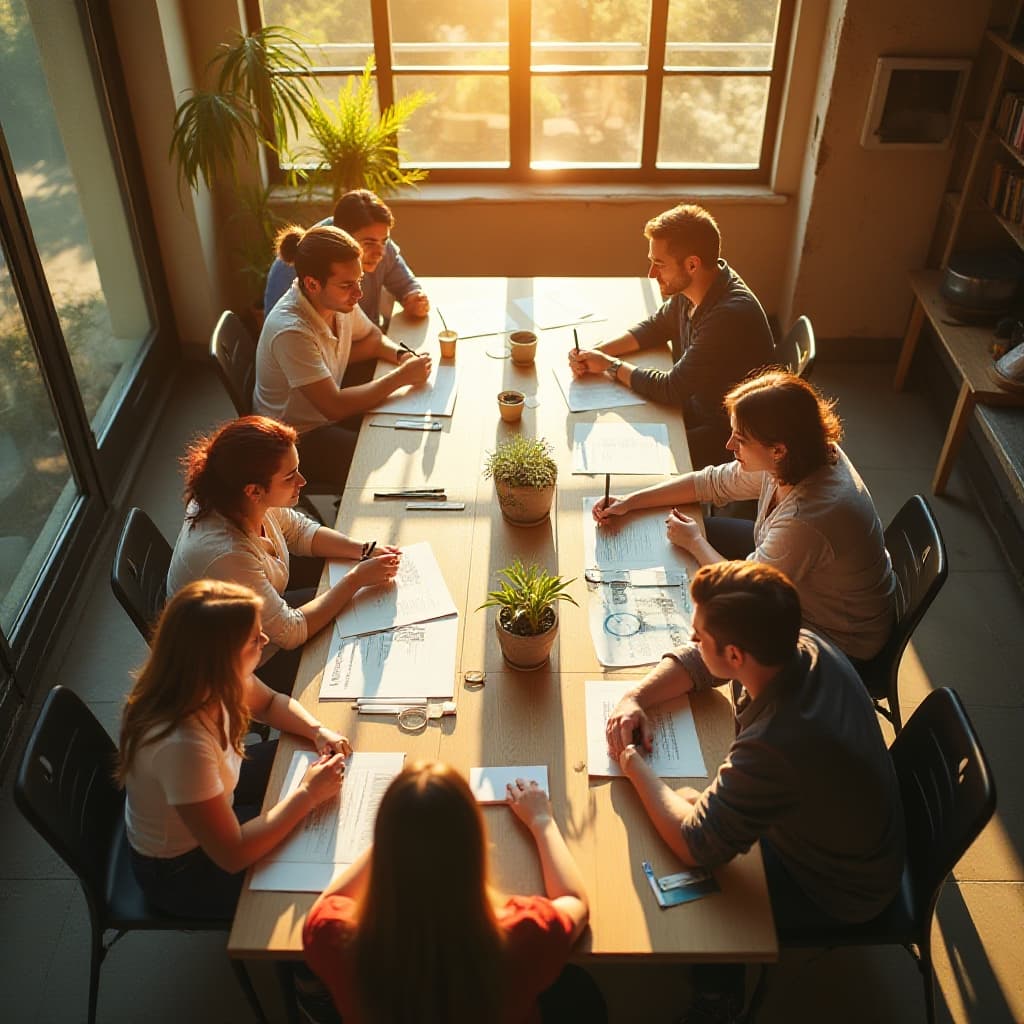 Sunflare Chic: Een bovenaanzicht van een groep mensen aan een conferentie tafel met papieren op de tafel en een zonnestraal door het raam.