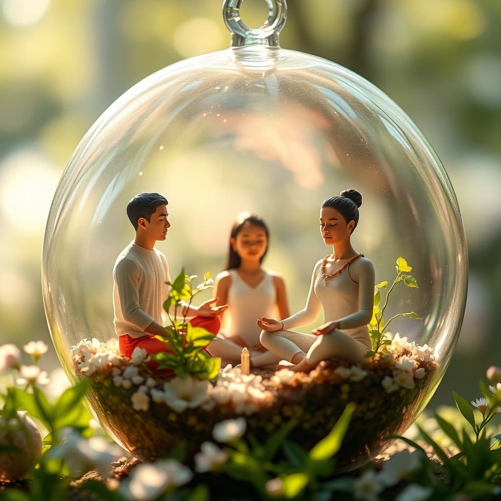 Gemaakt met Lente stijl Terrarium 2025, drie personen in kleermakerszit in een terrarium