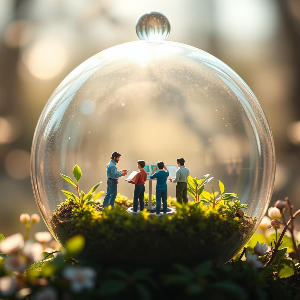 Gemaakt met Lente stijl Terrarium 2025, vier miniatuur personen in een terrarium