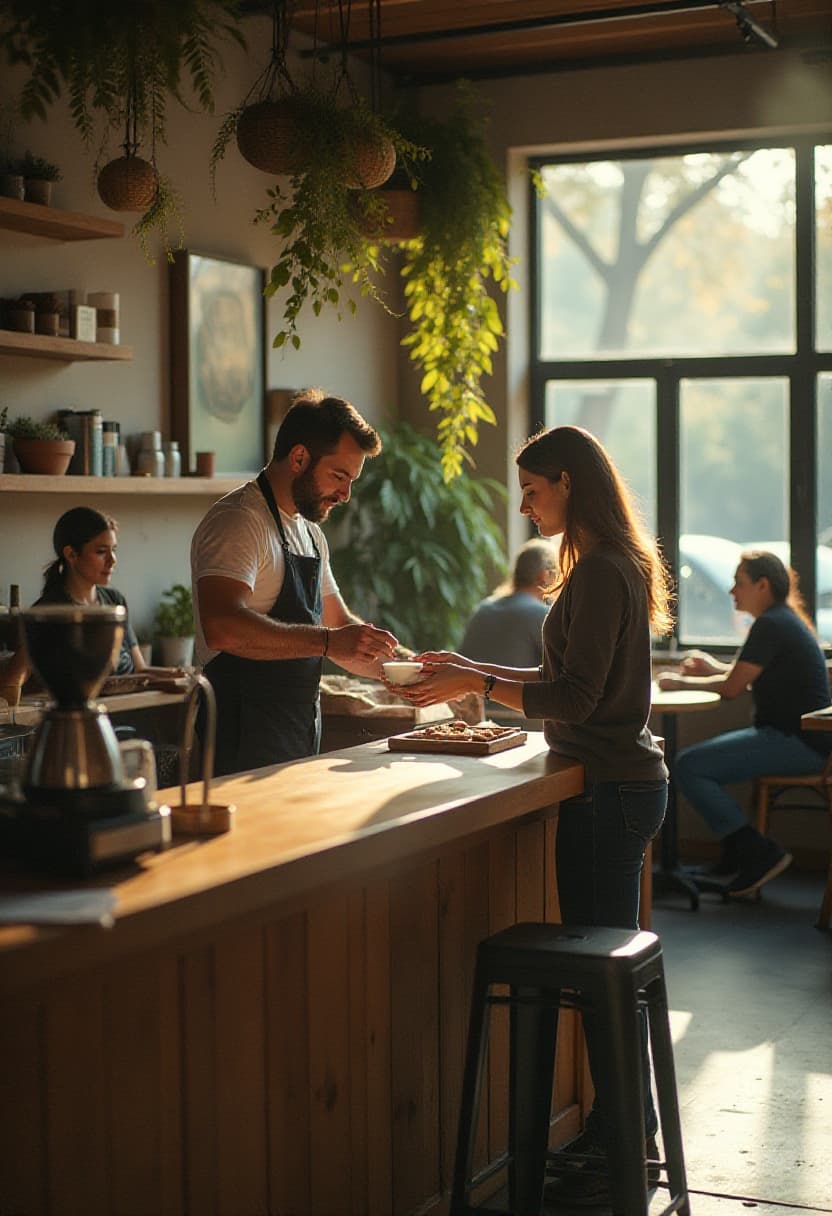 Consistent AI beeld van een cafe met een barista die een kop koffie aan een klant aanbiedt