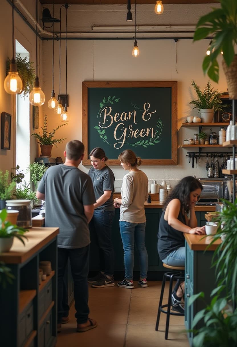 Consistent AI beeld van een cafe met klanten, op de muur staat een bord met de tekst 'Bean & Green'